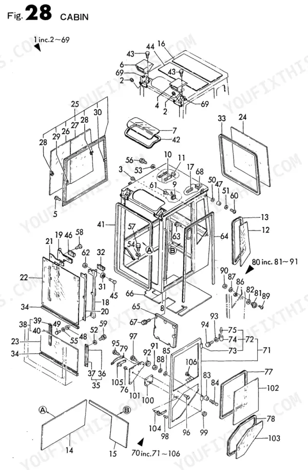 Yanmar B50, B50-1, B50-C[R], 4TN84L-RBD exploded view diagram of the cabin assembly, glass, and door components.