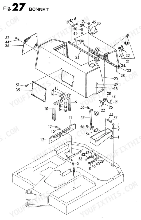 Yanmar B50, B50-1, B50-C[R], 4TN84L-RBD exploded view diagram of the engine bonnet and mounting components.