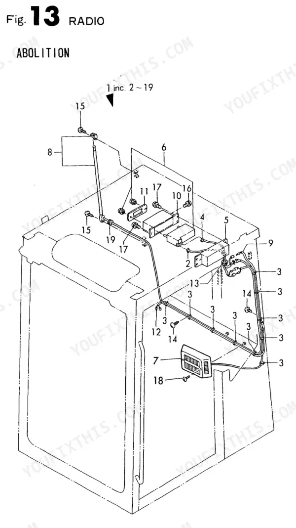Yanmar B50, B50-1, B50-C[R], 4TN84L-RBD exploded view diagram of the radio components, antenna, and wiring harness.