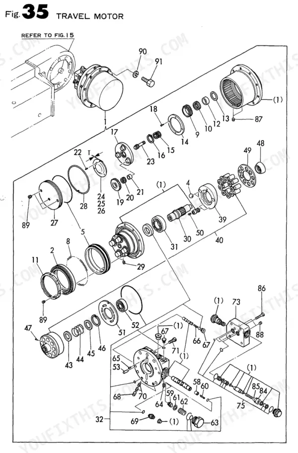 Yanmar B50, B50-1, B50-C[R], 4TN84L-RBD travel motor exploded view diagram showing internal gears, bearings, and valve block.