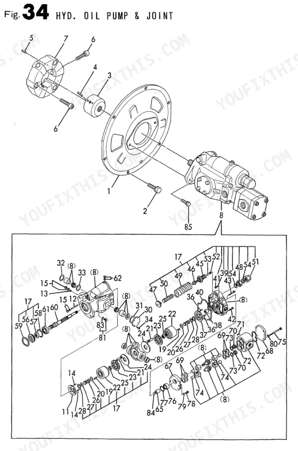 Yanmar B50, B50-1, B50-C[R], 4TN84L-RBD exploded view diagram of hydraulic oil pump and joint assembly components.