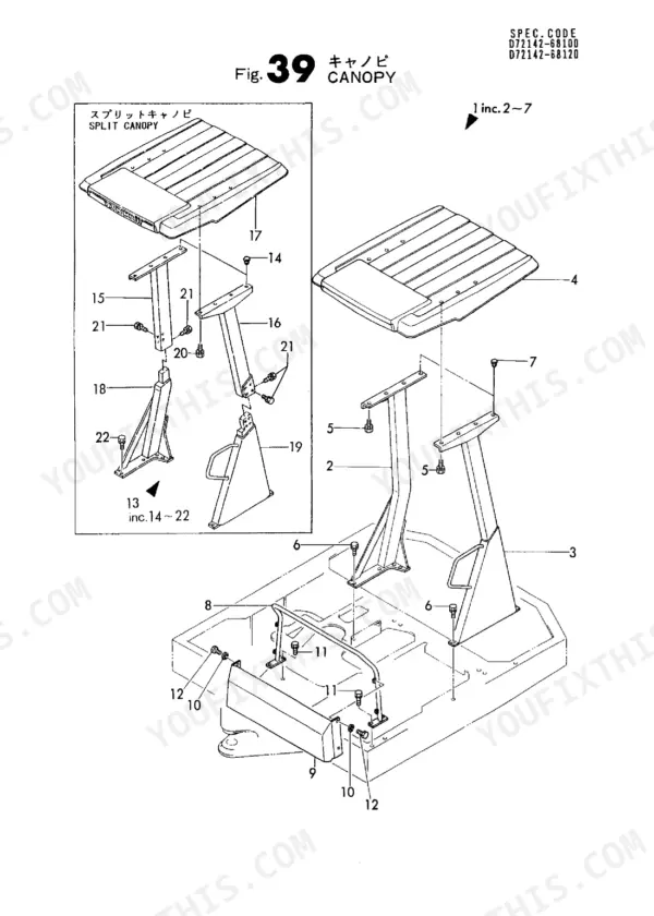 Yanmar B50-P(R), B50-O(R), YANMAR CRAWLER BACHOE, B50-C(R) exploded view diagram of canopy and split canopy assembly.