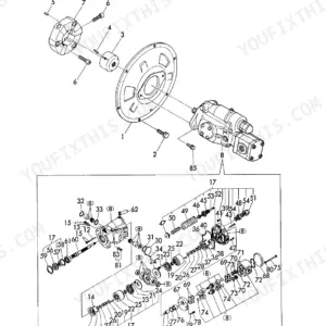 Yanmar B50-P(R), B50-O(R), YANMAR CRAWLER BACHOE, B50-C(R) exploded view of hydraulic oil pump and joint assembly.