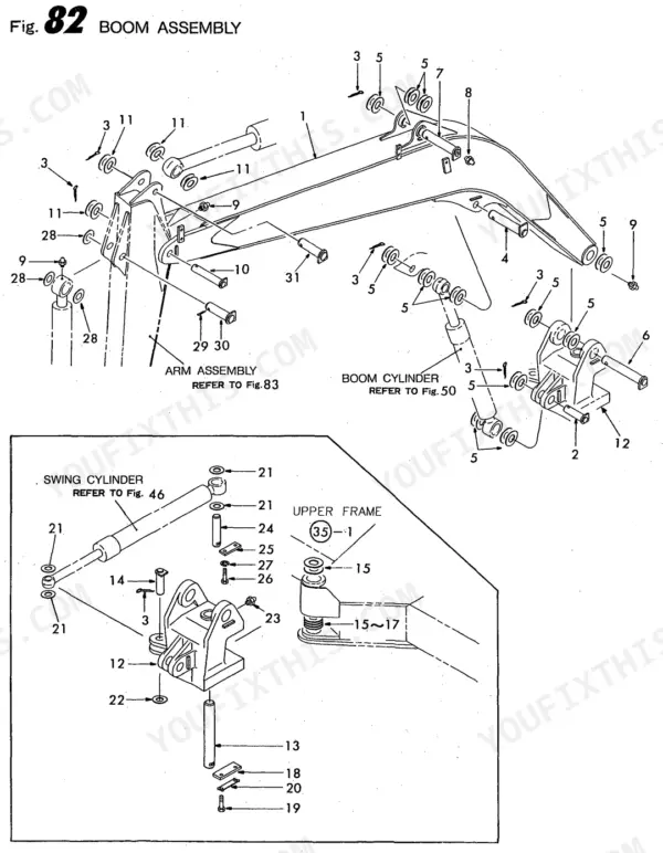 Yanmar B50W, B50W-1, 4TN84TL-RBS, 4TNE84T-BS exploded view diagram of boom assembly, swing cylinder, and upper frame pins.