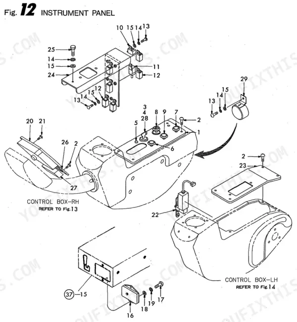 Yanmar B50W, B50W-1, 4TN84TL-RBS, 4TNE84T-BS exploded view diagram of the instrument panel and control boxes.