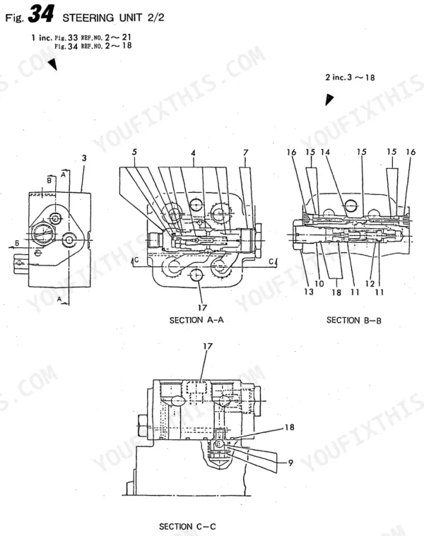 Yanmar B50W, B50W-1, 4TN84TL-RBS, 4TNE84T-BS steering unit 2/2 cross-section diagrams showing internal components.