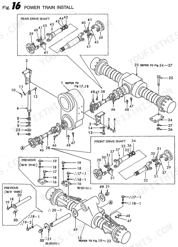 Yanmar B50W, B50W-1, 4TN84TL-RBS, 4TNE84T-BS exploded view diagram of power train installation and drive shafts.