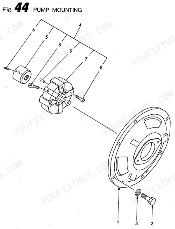 Yanmar B50W, B50W-1, 4TN84TL-RBS, 4TNE84T-BS exploded view diagram of hydraulic pump mounting components and housing.