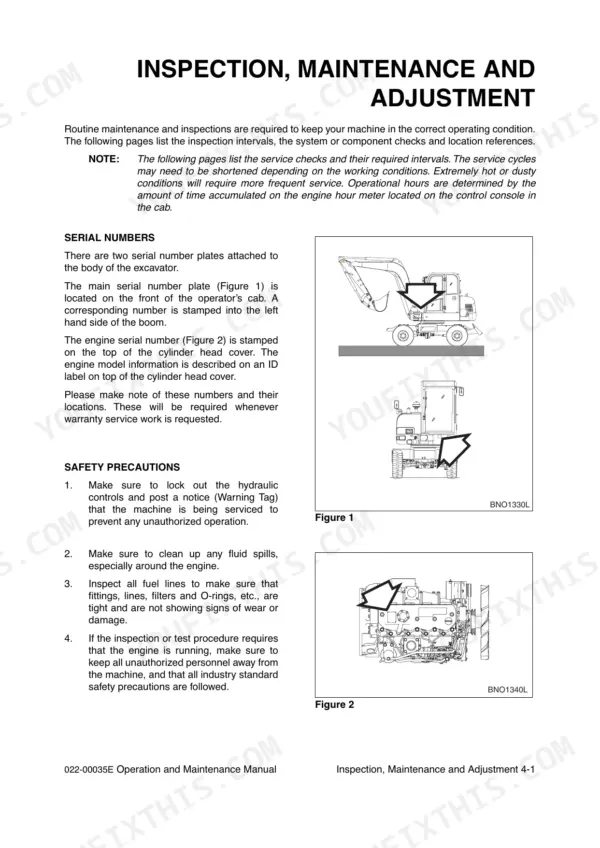 Yanmar B55W-1 maintenance manual showing serial number locations on the excavator cab and engine cylinder head cover.