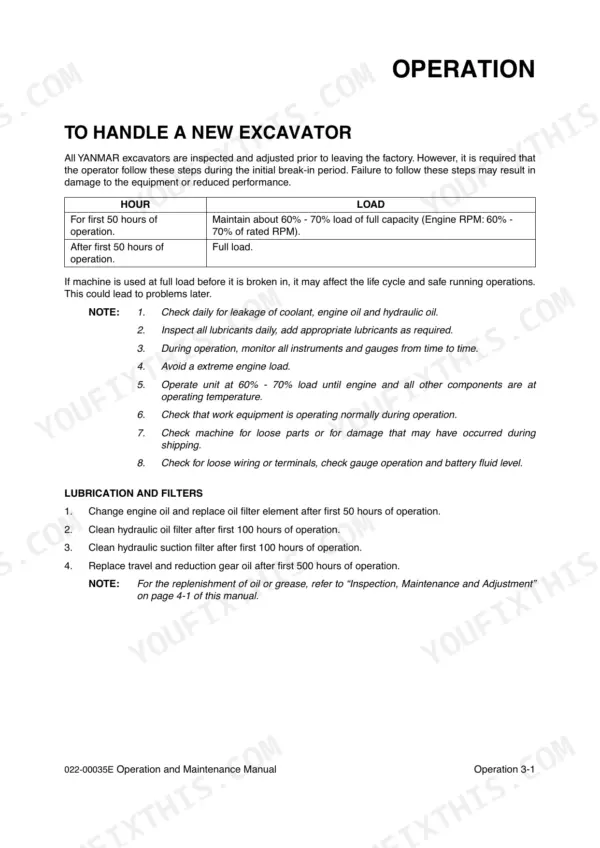 Yanmar B55W-1 operation manual page detailing new excavator break-in procedures, load requirements, and initial lubrication.