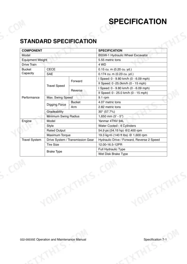 Yanmar B55W-1 standard specification table including engine, performance, and travel system technical data.