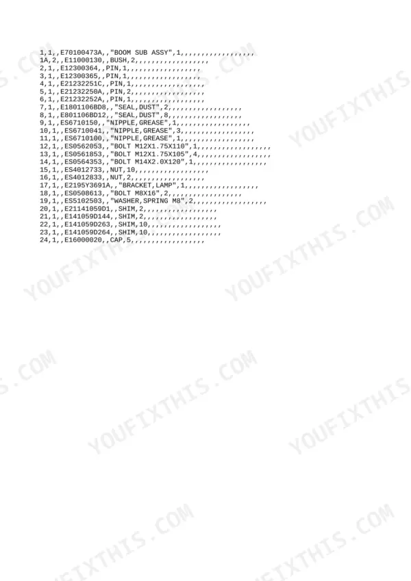 Yanmar B55W-1, 4TNV94L-PDBWE parts list for boom sub assembly including pins, grease nipples, bolts, and shims.