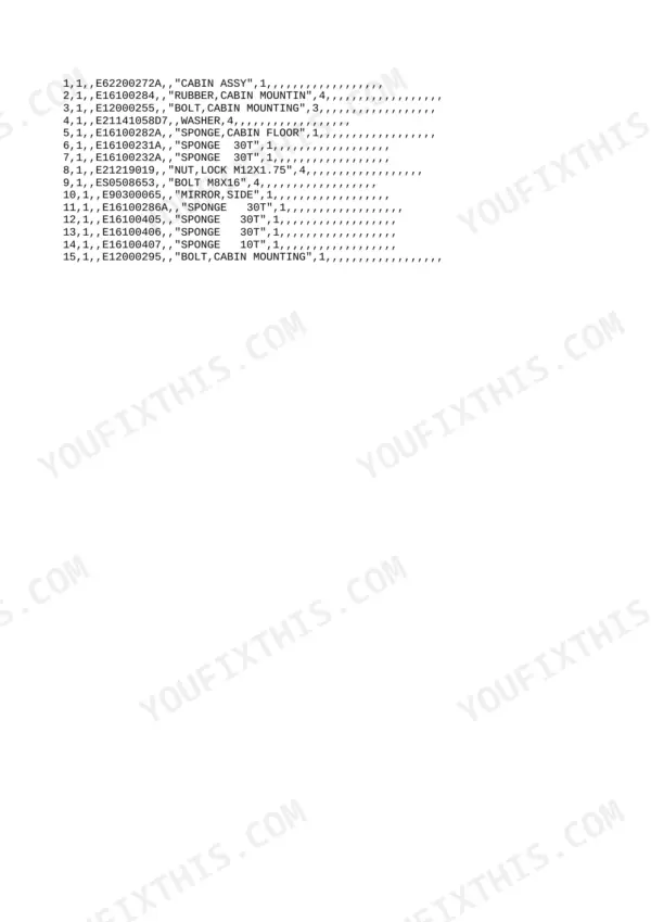 Yanmar B55W-1, 4TNV94L-PDBWE parts list for cabin assembly, including mounting bolts, rubber mounts, and floor sponges.
