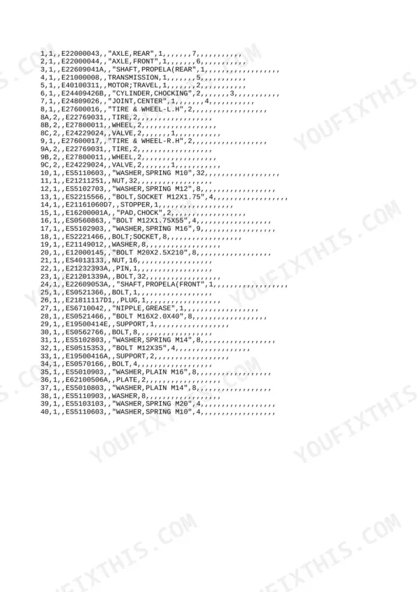 Yanmar B55W-1, 4TNV94L-PDBWE parts list for axles, transmission, and propeller shafts with hardware specifications.