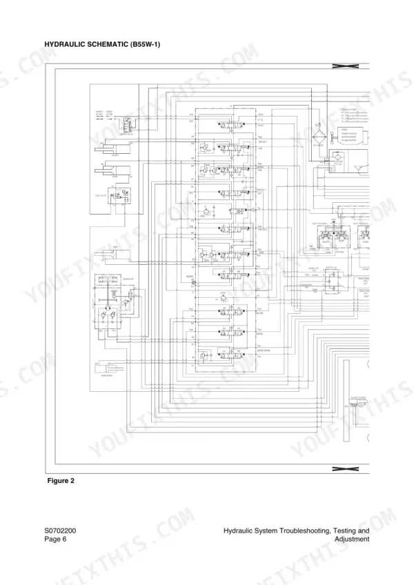 Yanmar B55W-1 hydraulic schematic diagram showing pump, control valves, and actuator circuits.