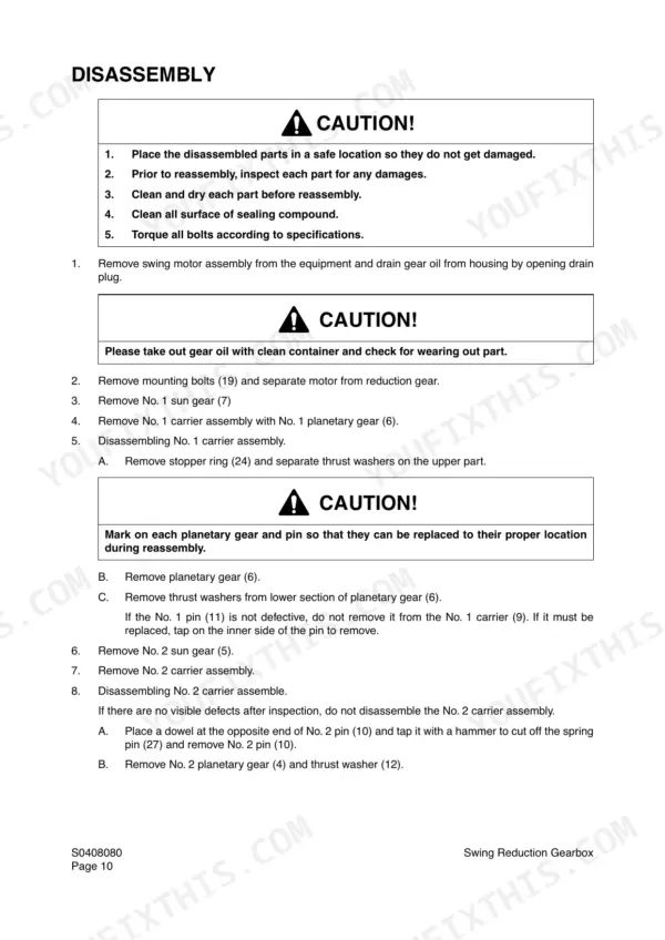 Yanmar B55W-1 swing reduction gearbox disassembly procedure steps and safety cautions for carrier and sun gear removal.