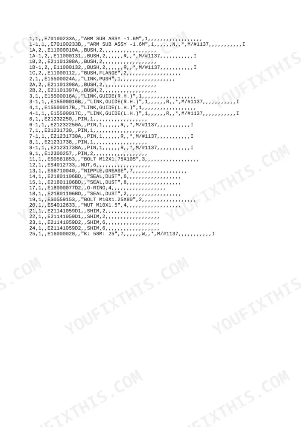 Yanmar B55W, 4TNE94-DBW parts list for arm sub assembly, including bushings, pins, bolts, nuts, and dust seals.
