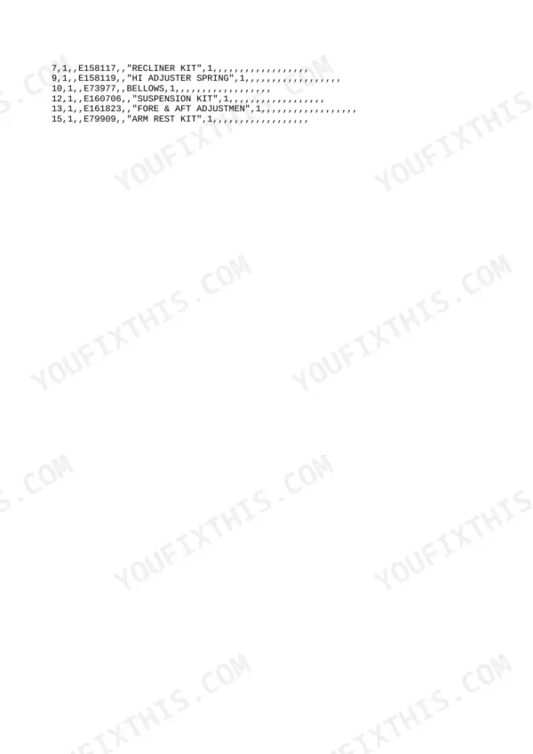 Yanmar B55W, 4TNE94-DBW parts list for seat components including recliner, suspension, and arm rest kits.