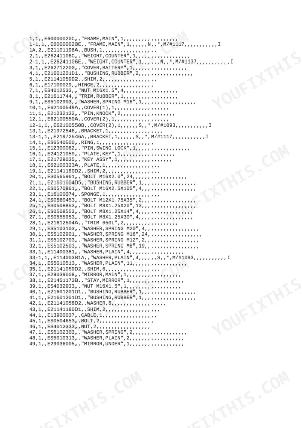 Yanmar B55W, 4TNE94-DBW parts list for main frame, counterweight, and mirror components with hardware specifications.
