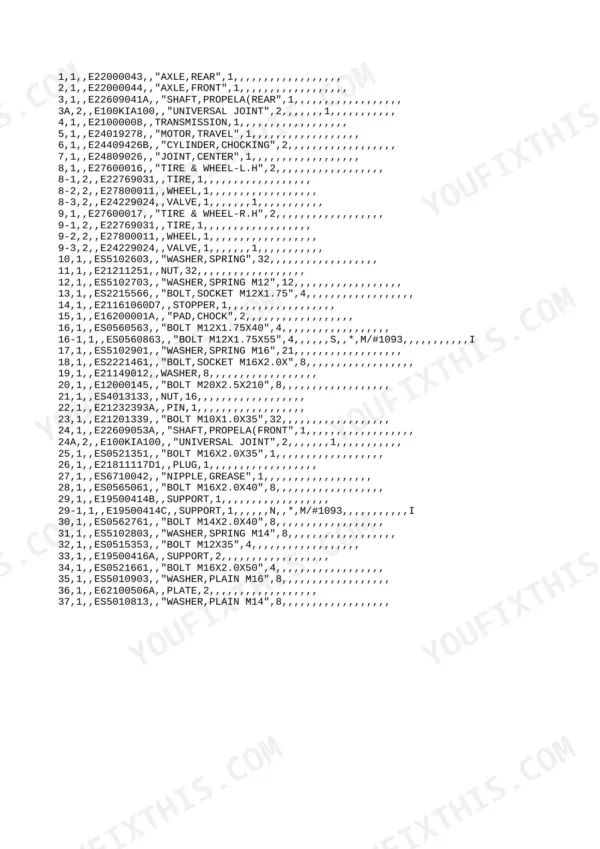 Yanmar B55W, 4TNE94-DBW parts list for axle, propeller shaft, transmission, and travel motor components.