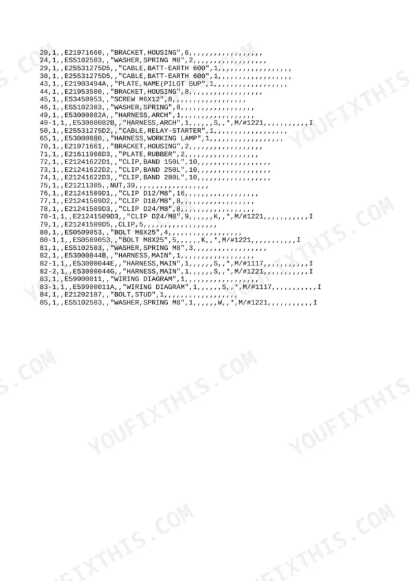 Yanmar B55W, 4TNE94-DBW parts list for electrical harnesses, battery cables, mounting clips, and wiring diagrams.
