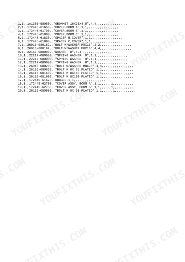 Yanmar B6Σ (B6-3) parts list for boom covers, spacers, bolts, and washers with part numbers 1A1380-58050 to 26116-080902.