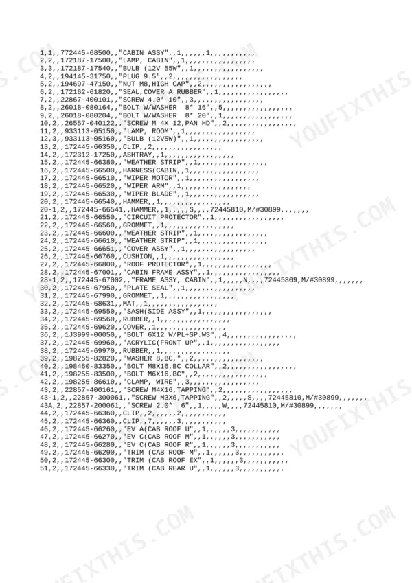 Yanmar B6Σ (B6-3) parts list for cabin assembly, including lamps, wiper components, and frame hardware.