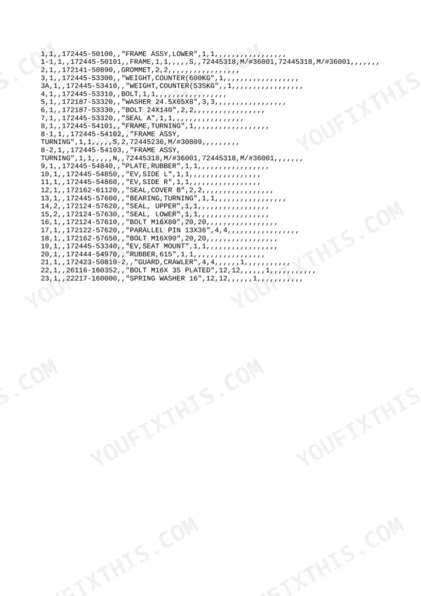 Yanmar B6Σ (B6-3) parts list for lower frame, counterweight, turning frame, and seals with part numbers.