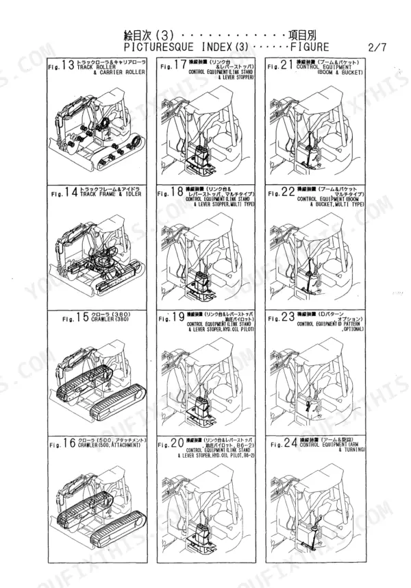 Yanmar B6, BUCKET 550, BUCKET 600, BUCKET 650, BUCKET 700, BUCKET 750, BUCKET330, BUCKET S TYPE, 450S, 750S, 700S, 650S, 600S, BLADE, Picturesque Index page showing track, control equipment, and lever stopper diagrams.