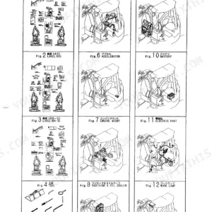 Yanmar B6, BUCKET 550-750, BLADE: Picturesque index showing labels, tools, exhaust, engine mount, radiator, fuel tank, and battery.