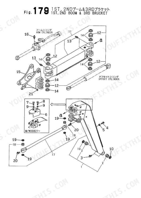 Yanmar B6U, B6U-1, 4TNE88-3BY, 4TNE88-3CY exploded view of 1st, 2nd boom and 3rd bracket with arm and offset cylinders.