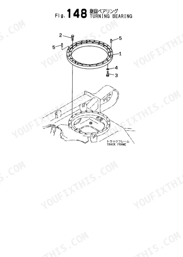 Yanmar B6U, B6U-1, 4TNE88-3BY, 4TNE88-3CY exploded view diagram of the turning bearing and track frame assembly.
