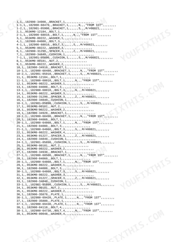 Yanmar B6U, B6U-1, 4TNE88-3BY, 4TNE88-3CY parts list table showing brackets, bolts, washers, spacers, and cushions.