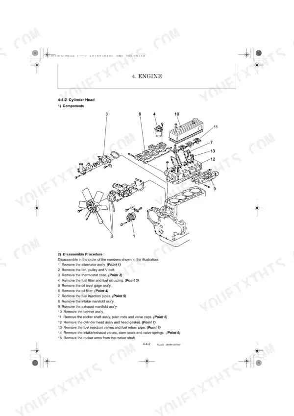 Yanmar B7-5, B7-5A cylinder head exploded view diagram and engine disassembly procedure steps.