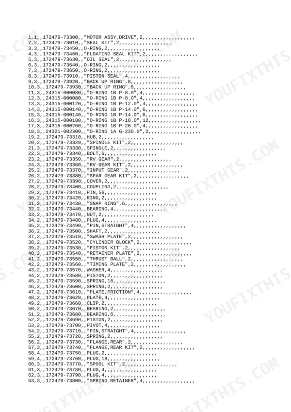 Yanmar B7-5 parts list for drive motor assembly, including seals, gears, pistons, and bearings.
