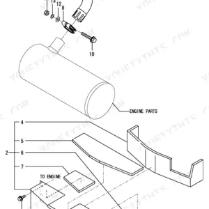 Yanmar B7-5 exploded view of muffler exhaust pipe, mounting hardware, and engine compartment insulation panels.