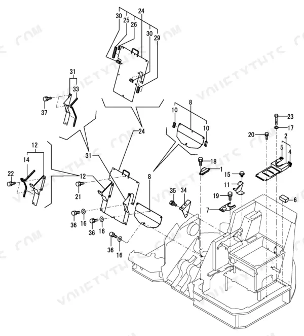 Yanmar B7-5A(EP), B7-5A (EP), 4TNV98-XBV exploded view of cab interior panels, brackets, and mounting hardware.