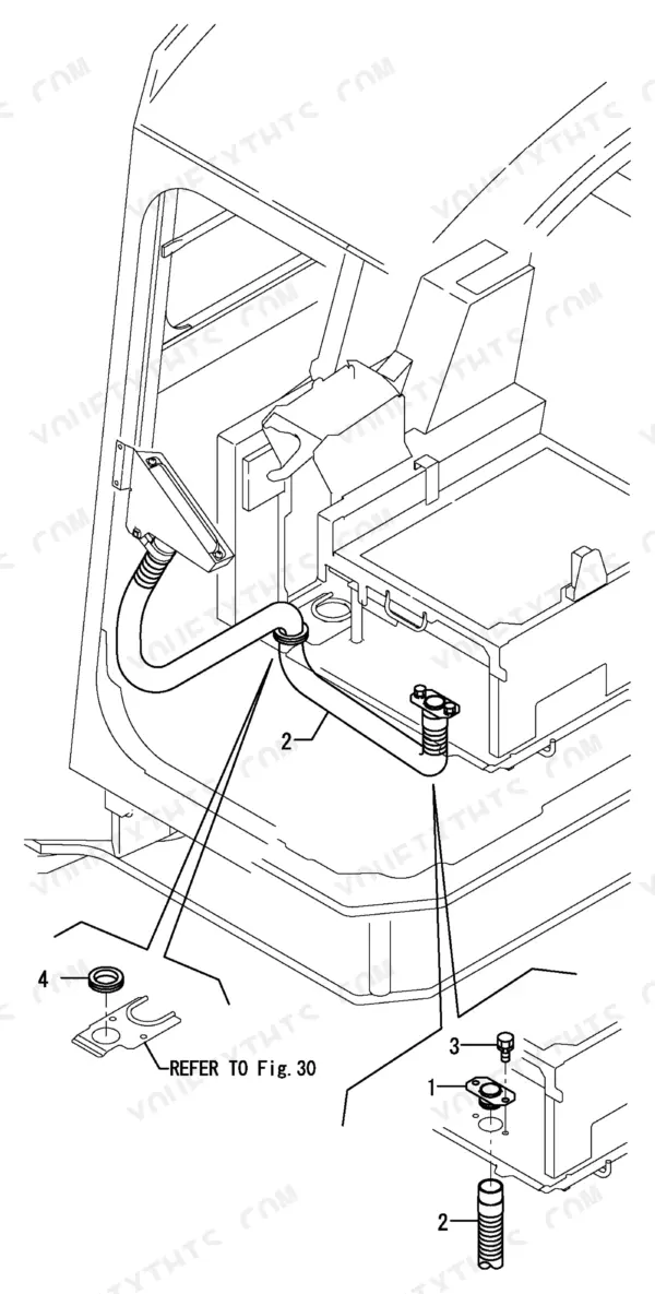 Yanmar B7-5A(EP), B7-5A (EP), 4TNV98-XBV exploded view of cabin floor drain hose and mounting components.