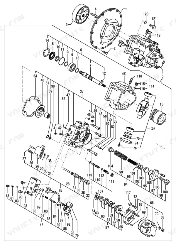 Yanmar B7-5A(EP), B7-5A (EP), 4TNV98-XBV exploded view diagram of the hydraulic pump assembly and internal components.