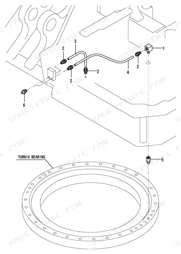 Yanmar B7-5A(EP), B7-5A (EP), 4TNV98-XBV exploded view of turning bearing lubrication lines and grease fittings.