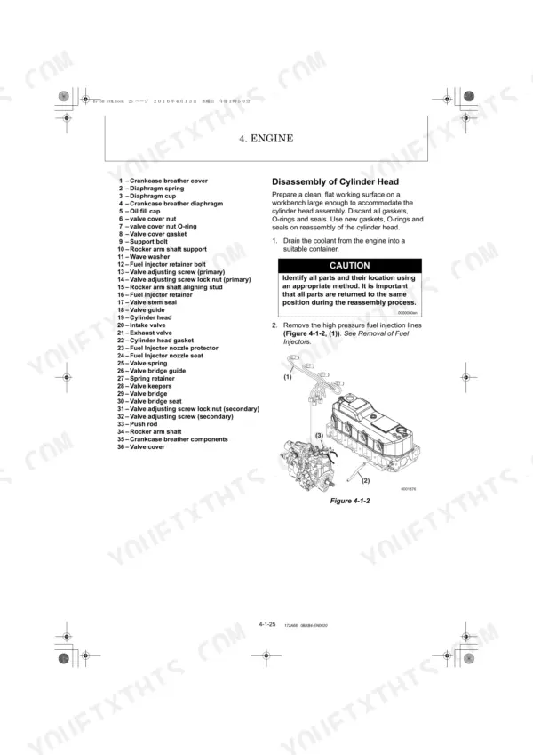 Yanmar B7-5B engine cylinder head disassembly procedure, parts list, and fuel injection line removal diagram.