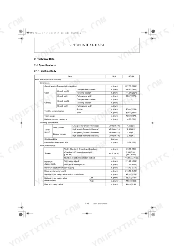 Yanmar B7-5B technical data table showing machine body specifications, dimensions, travel performance, and work performance.