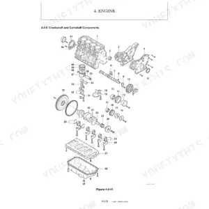 Yanmar B7-6 (YCEE) engine exploded view showing crankshaft, camshaft, pistons, and oil pan components.
