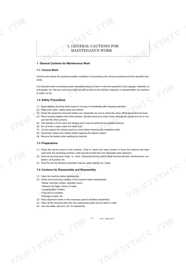 Yanmar B7-6 (YCEE) service manual page covering general maintenance safety precautions and disassembly procedures.