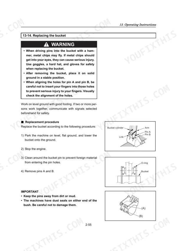 Yanmar B7-SIGMA (EP) bucket replacement procedure, safety warnings, and diagrams showing pin A and B removal.