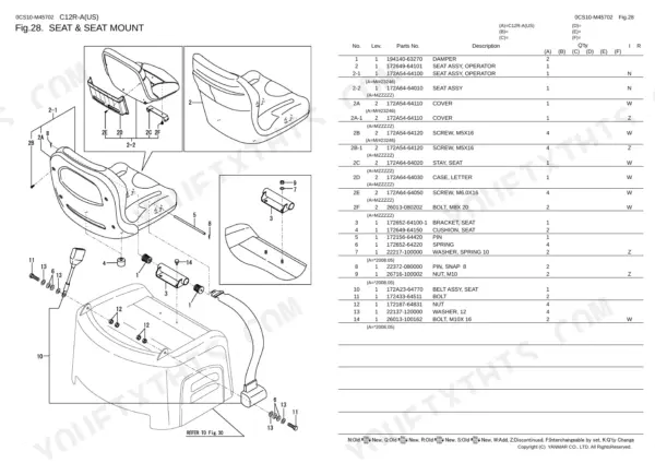 Yanmar C12R-A, C12R-A (US), 2TE67L-FW exploded view diagram and parts list for the operator seat and seat mount assembly.