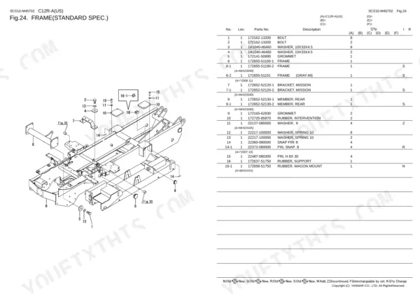 Yanmar C12R-A, C12R-A (US), 2TE67L-FW exploded view diagram and parts list for the standard frame assembly.