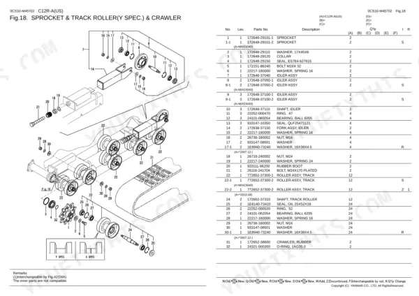 Yanmar C12R-A, C12R-A (US), 2TE67L-FW exploded view of sprocket, track roller, and crawler assembly parts list.