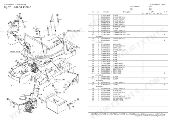 Yanmar C12R-A, C12R-A (US), 2TE67L-FW hydraulic oil piping diagram, parts list, and hose component identification.