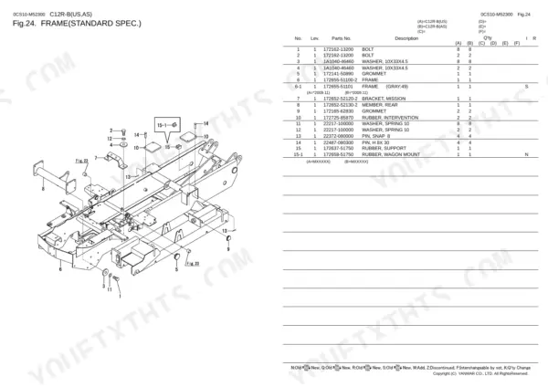Yanmar C12R-B, 2TE67L-FW3 exploded view diagram and parts list for the standard frame assembly components.